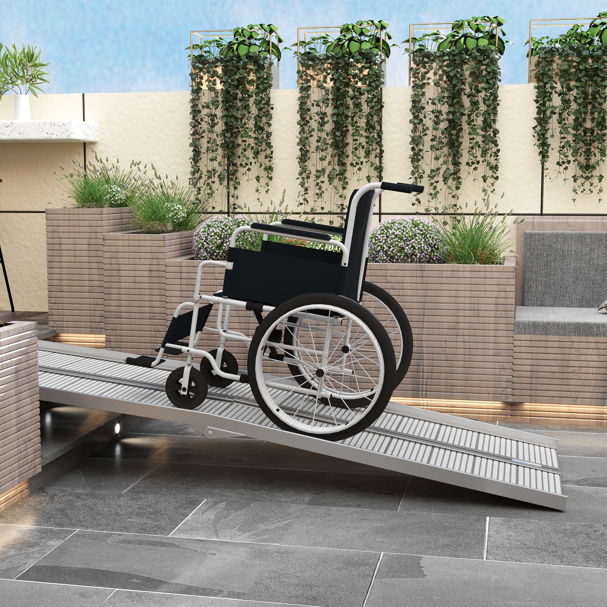 HOMCOM 8' Foldable Handicap Ramp for Home, Steps, Doorways, Aluminum Portable Wheelchair Ramp, Textured Threshold Ramp, Silver 