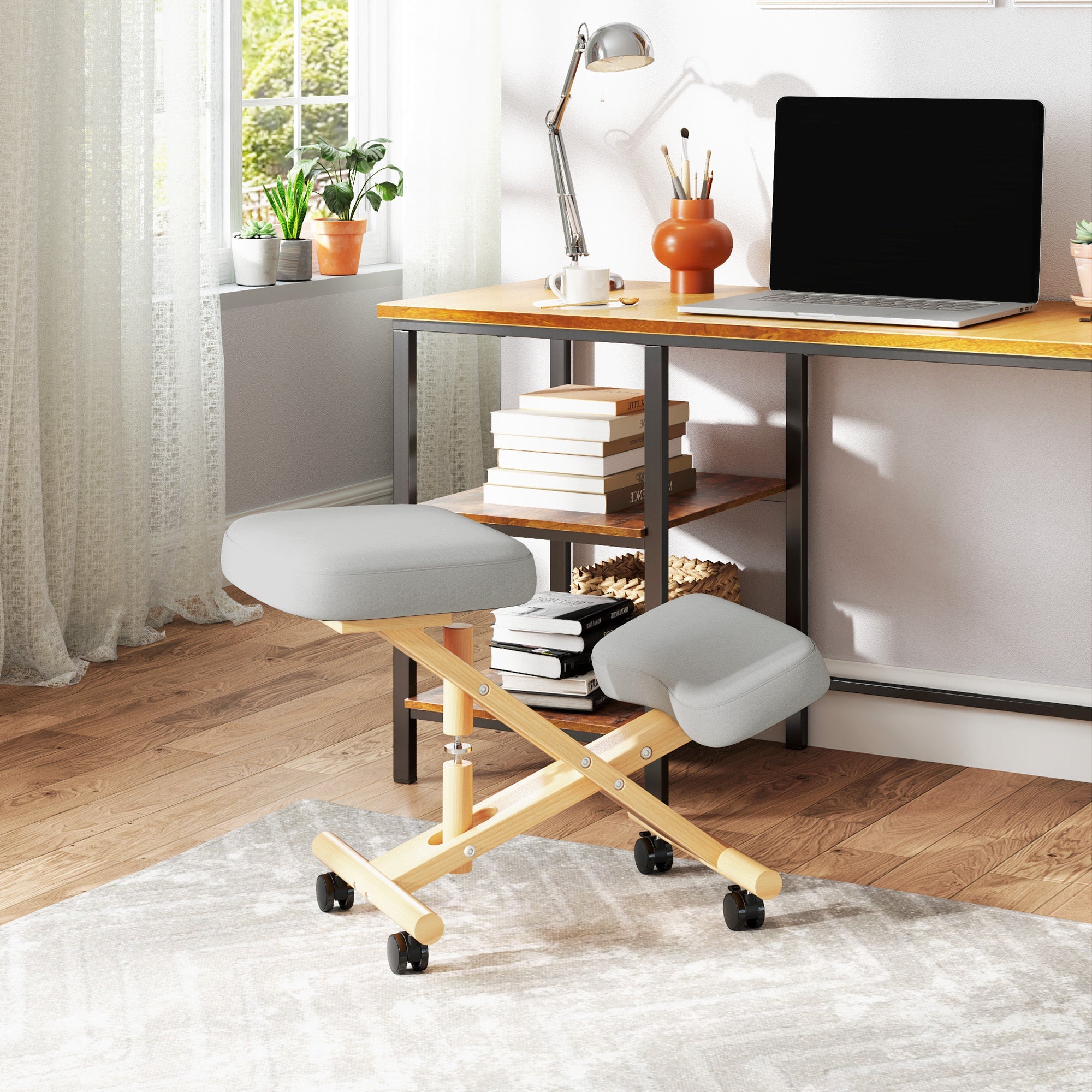 HOMCOM Ergonomic Kneeling Chair, Adjustable Wood Knee Stool with Cushion for Home, Posture Knee Chair with Casters, Cream White 