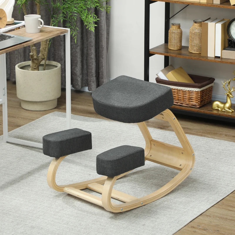 Ergonomic Kneeling Chair, Wood Kneel Stool with Thick Pads, Desk Knee Chair, Improve Posture, Dark Grey