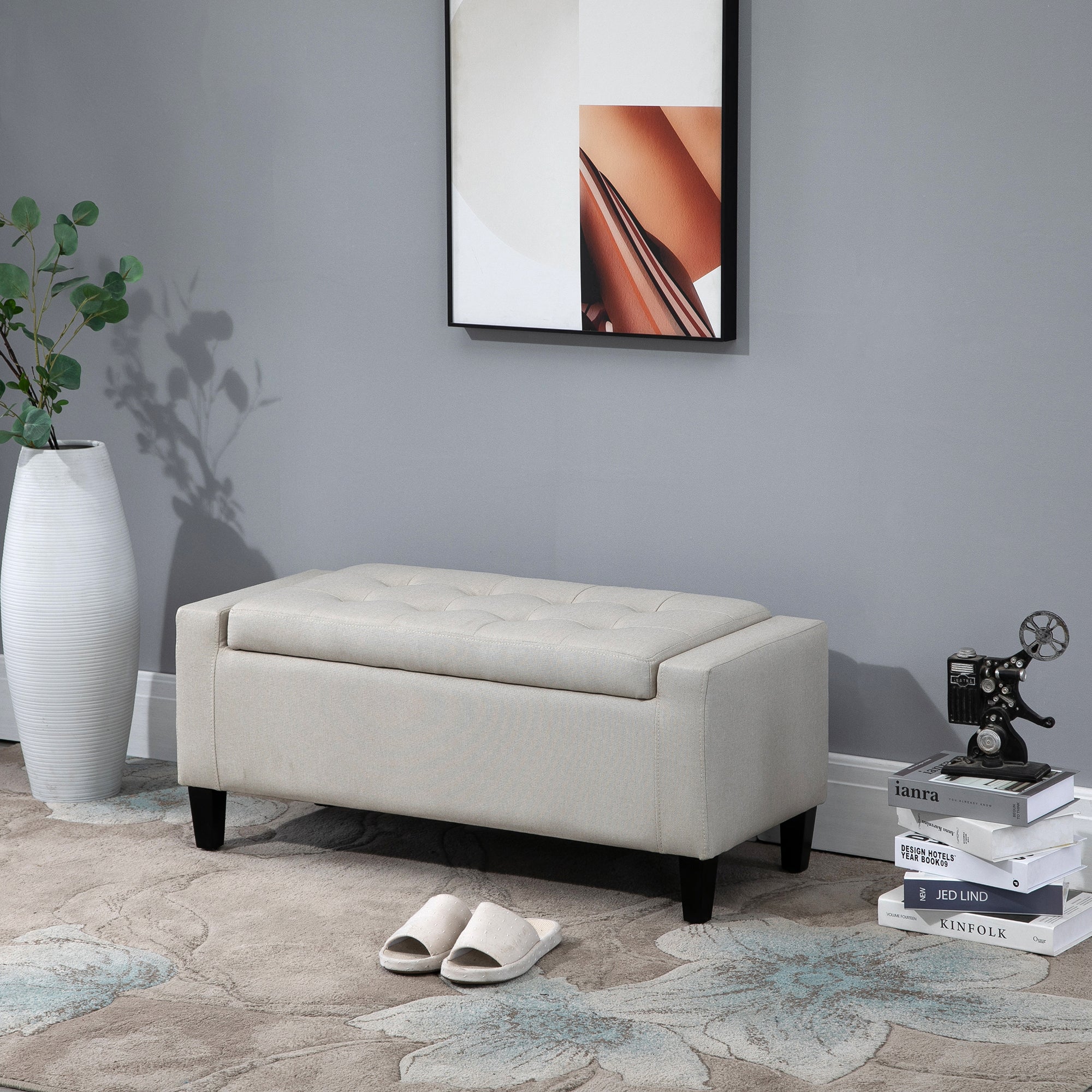 HOMCOM Linen-Touch Storage Ottoman: Tufted Flip-Top Design for Added Functionality, Beige 