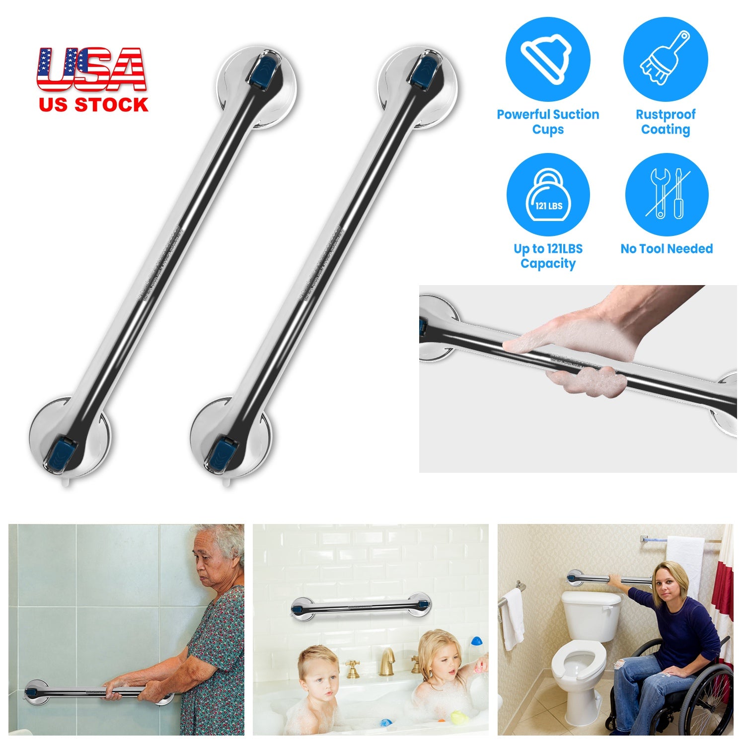 2Pcs Shower Grab Bars with Powerful Suction Cups 21.7in Long Waterproof Rustproof Bathroom Stool Bathtub Handicap Shower Grip Handle For Senior Elderl