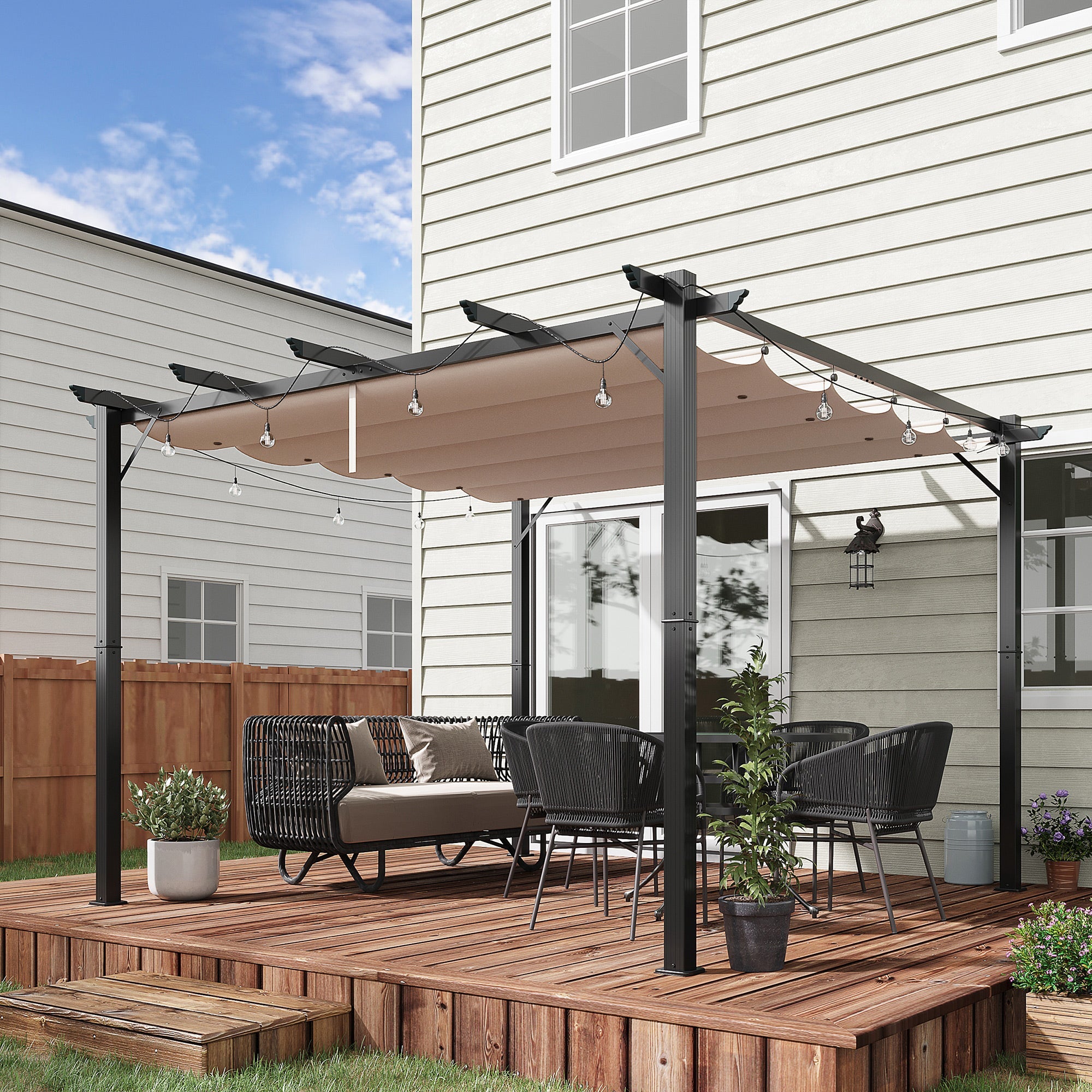 Outsunny 10'x10' Retractable Pergola Canopy Aluminium Sunshade Shelter Outdoor Gazebo for Deck Backyard Grey Frame 