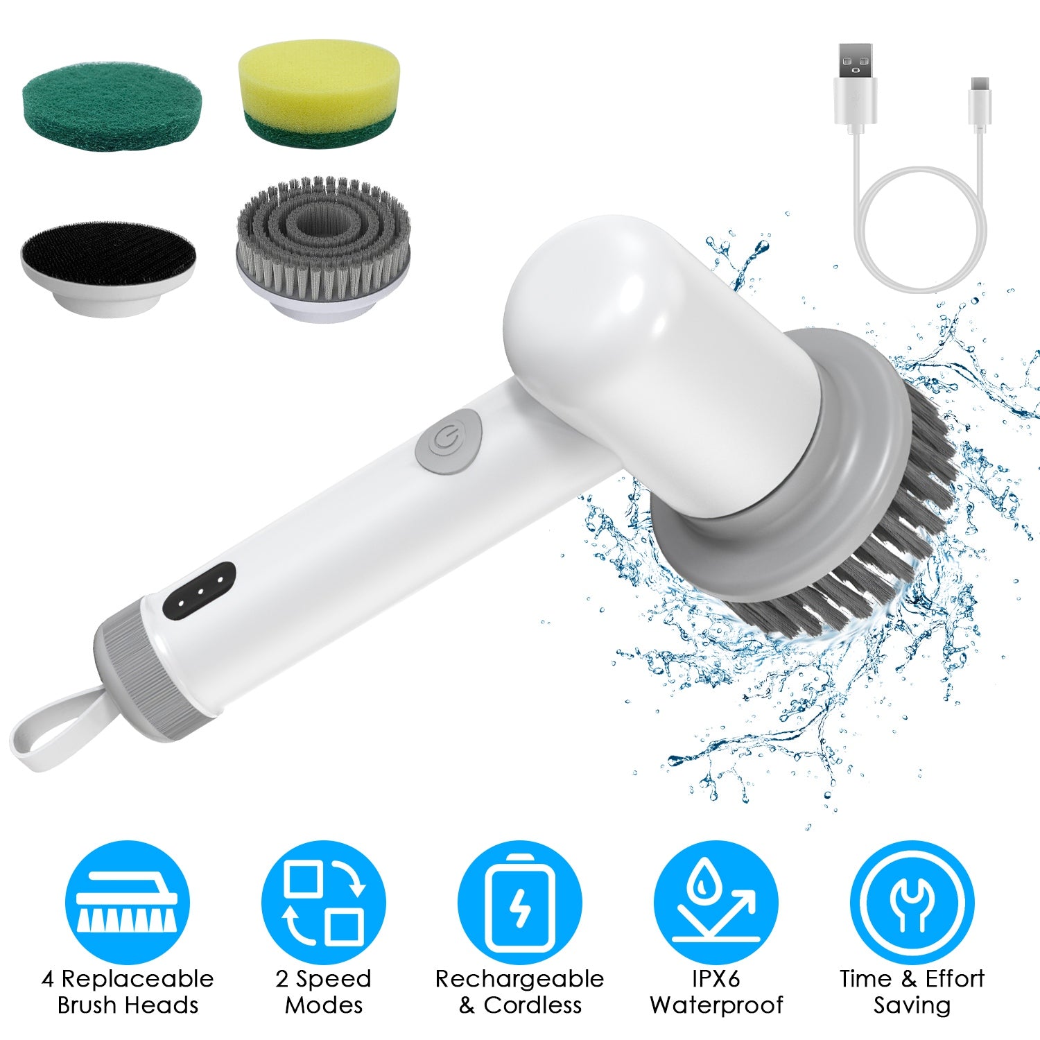 Electric Handheld Spin Scrubber Cordless Cleaning Brush with 2 Rotating Speeds 3 Cleaning Brushes Rechargeable Shower Scrubber for Kitchen Dish Bathtu