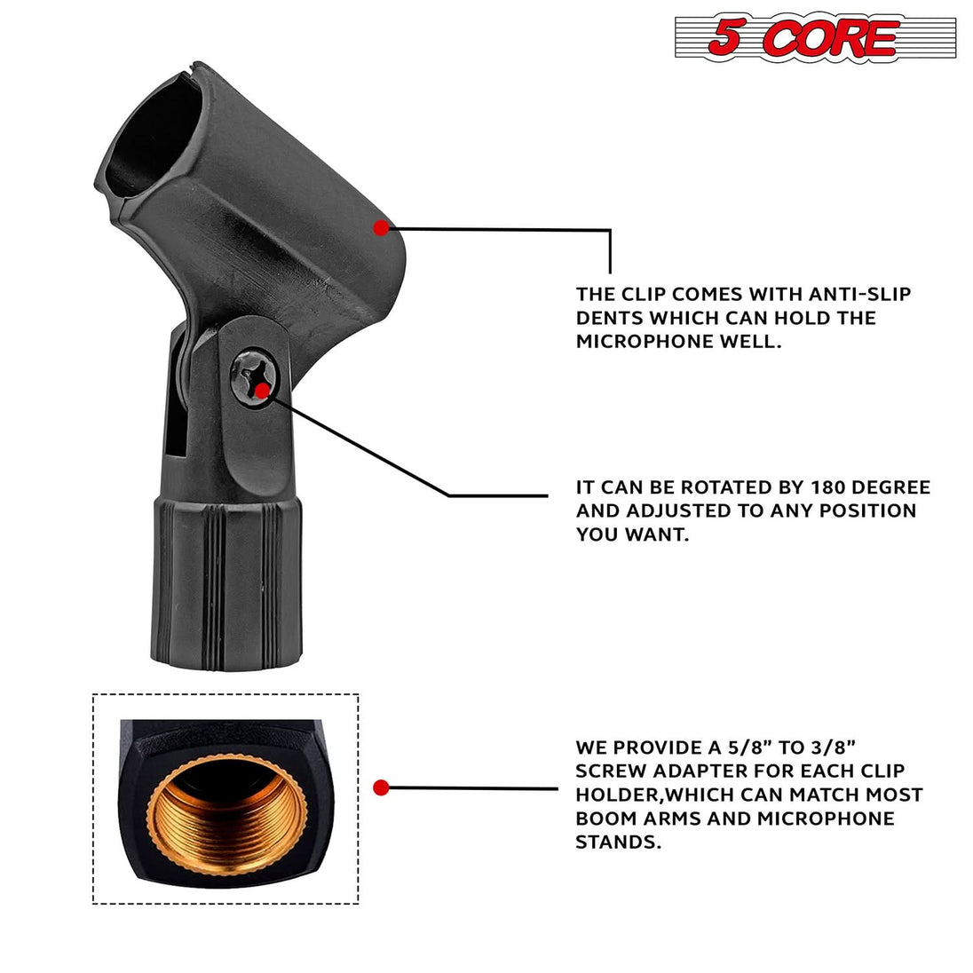 5Core Microphone Clip Holder – 4-Piece Set with 5/8 to 3/8 Inch Screw Adapters