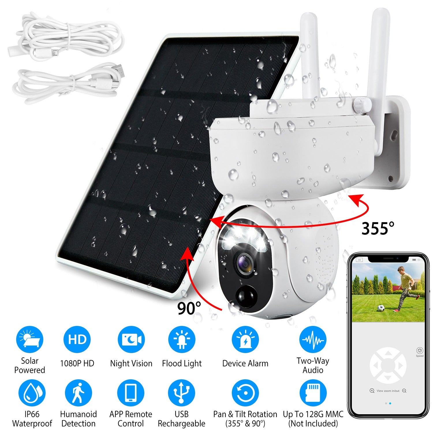 Solar WIFI Security Camera IP66 Waterproof USB Battery Powered 2.4G WiFi Wireless 1080P Surveillance Camera with Flood Light Night Vision Human Detect