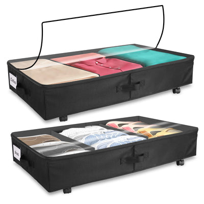 2Pcs Under Bed Storage Container With Lockable Wheels Dividers Label Dustproof Clear Lid Strap Handles Rolling Under Bed Metal Drawer for Clothes Shoe 