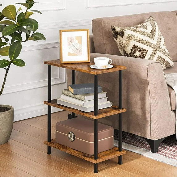 HOOBRO 3-Tier Industrial End Table with Open Shelves, Narrow Nightstand for Bedroom & Living Room, Rustic Brown