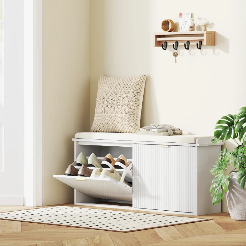 Entryway Bench with Padded Seat and Flip-Drawers, Holds up to 529lbs, Shoe Storage Bench for 10 Pairs of Shoes, White