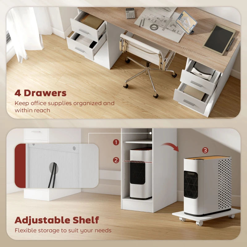 Office Desk, 55" Computer Desk with 4 Reversible Drawers, Mobile PC Stand, Adjustable Shelf, White Wood Grain