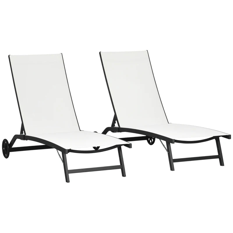 Outdoor Lounge Chair Set of 2, Tanning Chair with Wheels, Breathable Mesh for Patio, Backyard, Poolside, Cream White