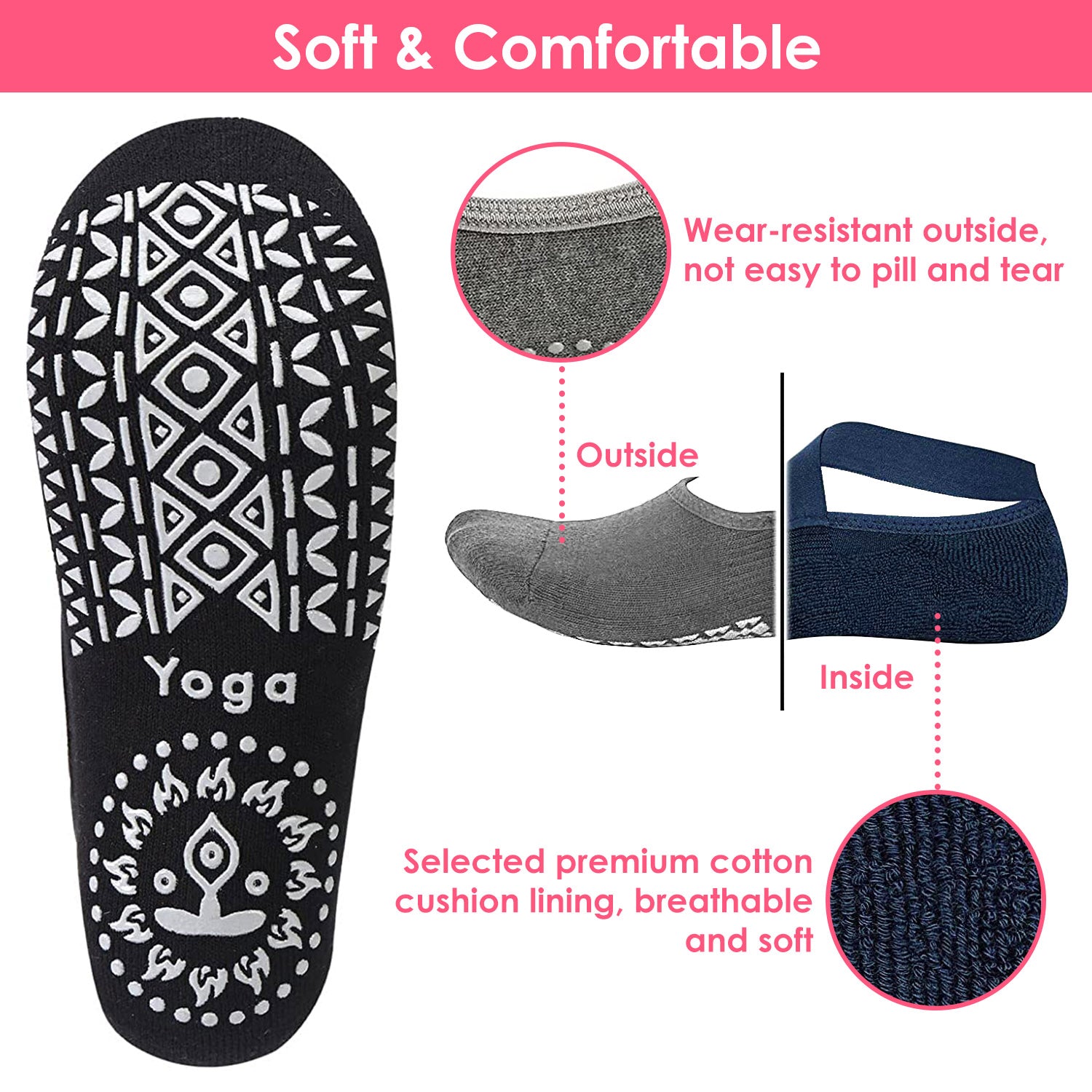 6 Packs Women Yoga Socks with Straps Non-Slip Grips for Pilates Pure Hospital Walking Dance Indoor