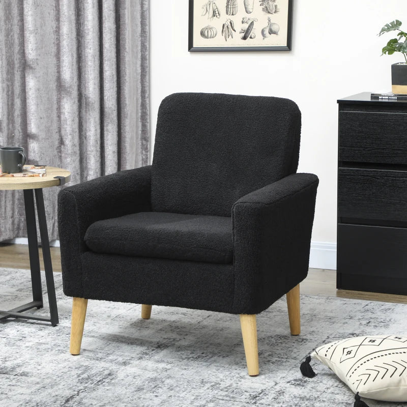 Fabric Accent Chair, Modern Upholstered Armchair with Wood Legs and Wide Padded Seat, Black