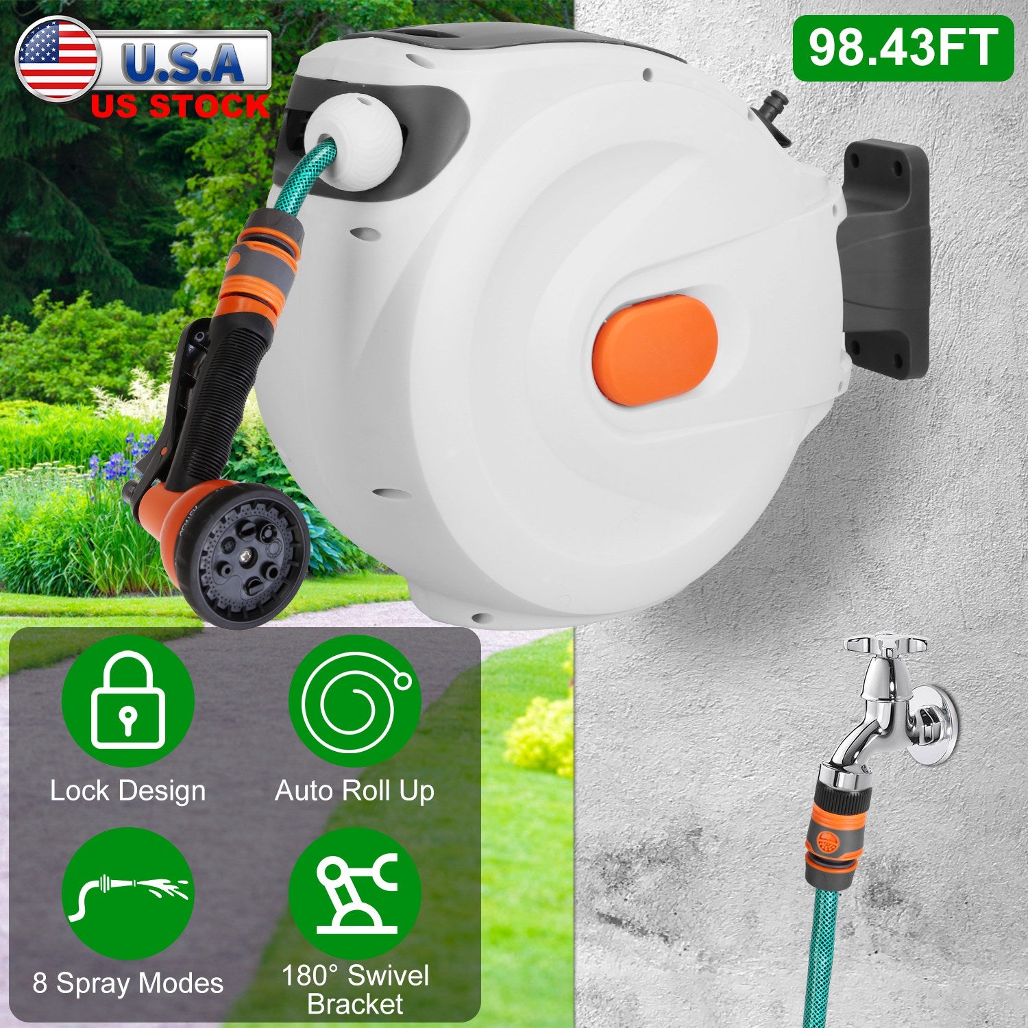 Retractable Garden Hose Reel Wall Mounted Automatic Water Hose Reel with Any Length Lock 8 Pattern Spraying Modes 180° Swivel Bracket