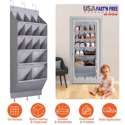 16 Pockets Over The Door Shoe Organizer 5 Tier Shoe Rack for Door with 6 Hooks Behind Door Hanging Storage Shelf for Shoes Toys Towels Bags Bedroom Ba