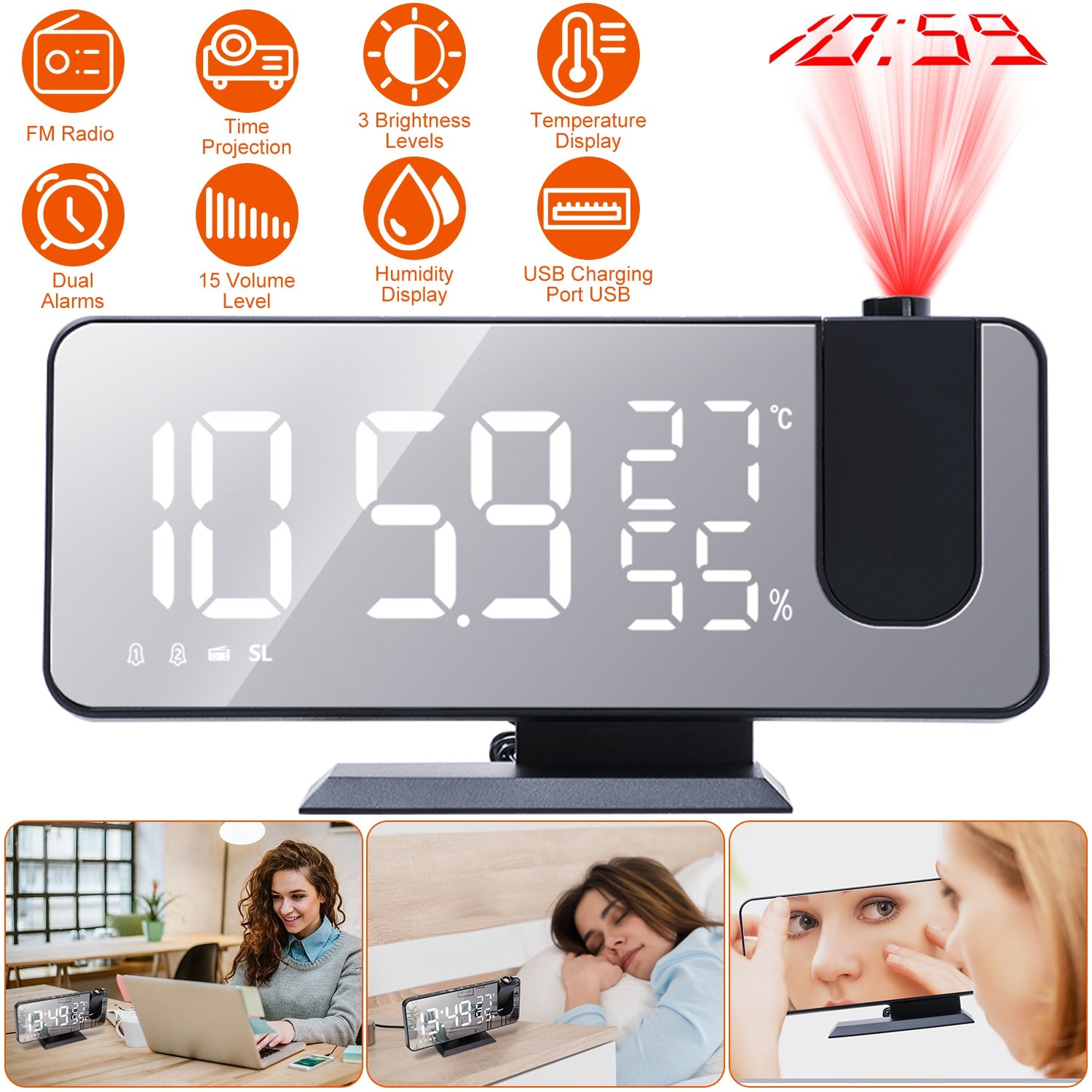 Projection Alarm Clock with Radio Function 7.5In Mirror LED Digital Alarm Clock w/ Dual Alarms 4 Dimmer 12/24 Hour USB Port