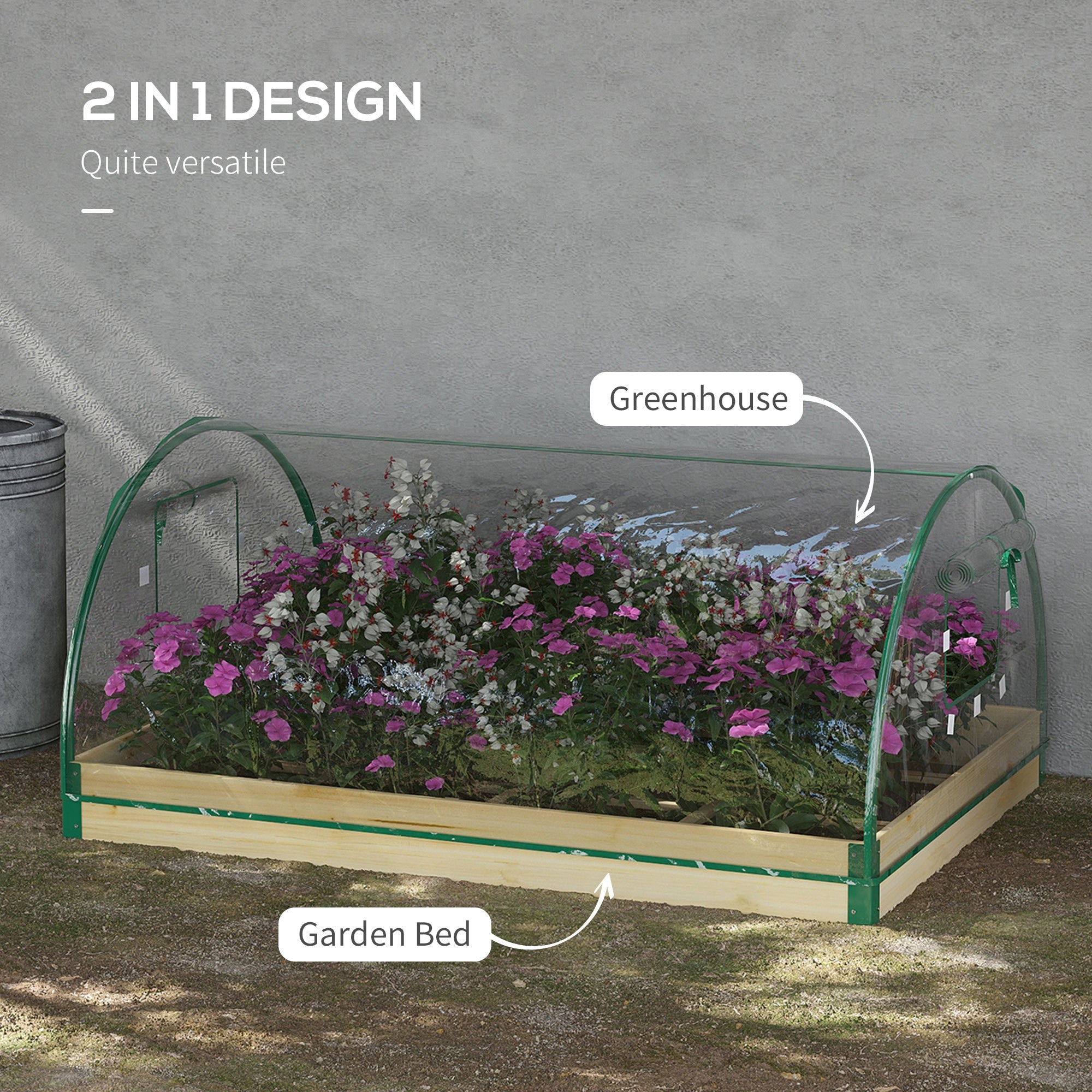 Outsunny 12 Pockets Raised Garden Bed with Greenhouse and Roll Up Windows for Vegetables, Flowers, 4' x 3' x 2', Natural Wood 