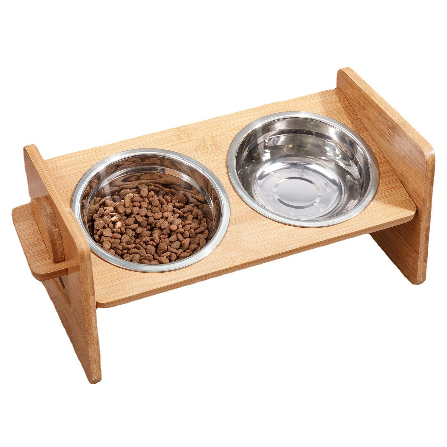 Bamboo Double Dog Raised Bowls 15° Tilt Elevated Dog Bowls with 4 Adjustable Heights 2 Stainless Steel Bowls Pet Feeder for Dogs Cats Rabbits 