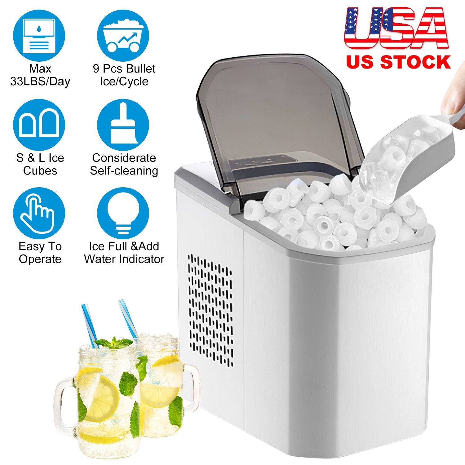 Electric Countertop Ice Maker with Ice Scoop Basket Self-cleaning Max 33LBS/24Hrs Ice Making Machine Bullet Ice Machine for Home Kitchen Office Party