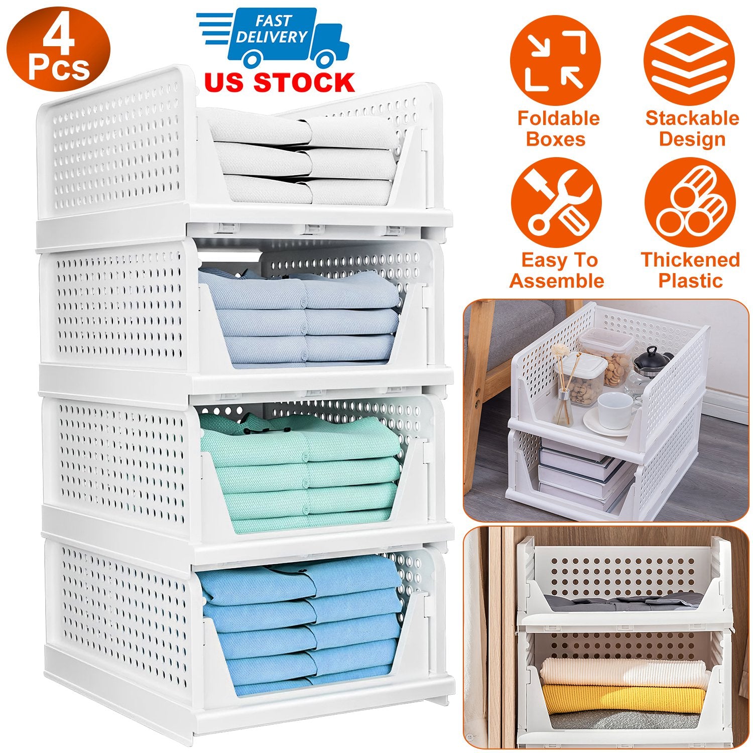 4 Packs Plastic Storage Box Closet Organizer Foldable Storage Bin Stackable Drawer with Slide Rail Push-Pull Storage Basket for Living Room Bedroom Wa 