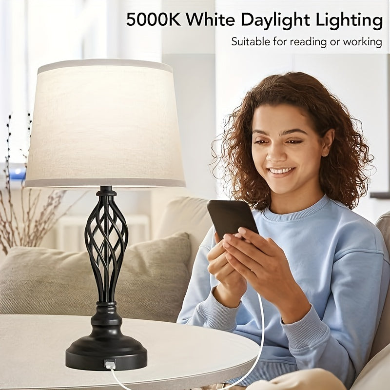 2-Piece Table Lamp Set with USB Port – Farmhouse Style Nightstand Lamps with 3-Color Temperature and Spiral Cage Base, Large Cream Drum Shade for Living Room or Bedroom 