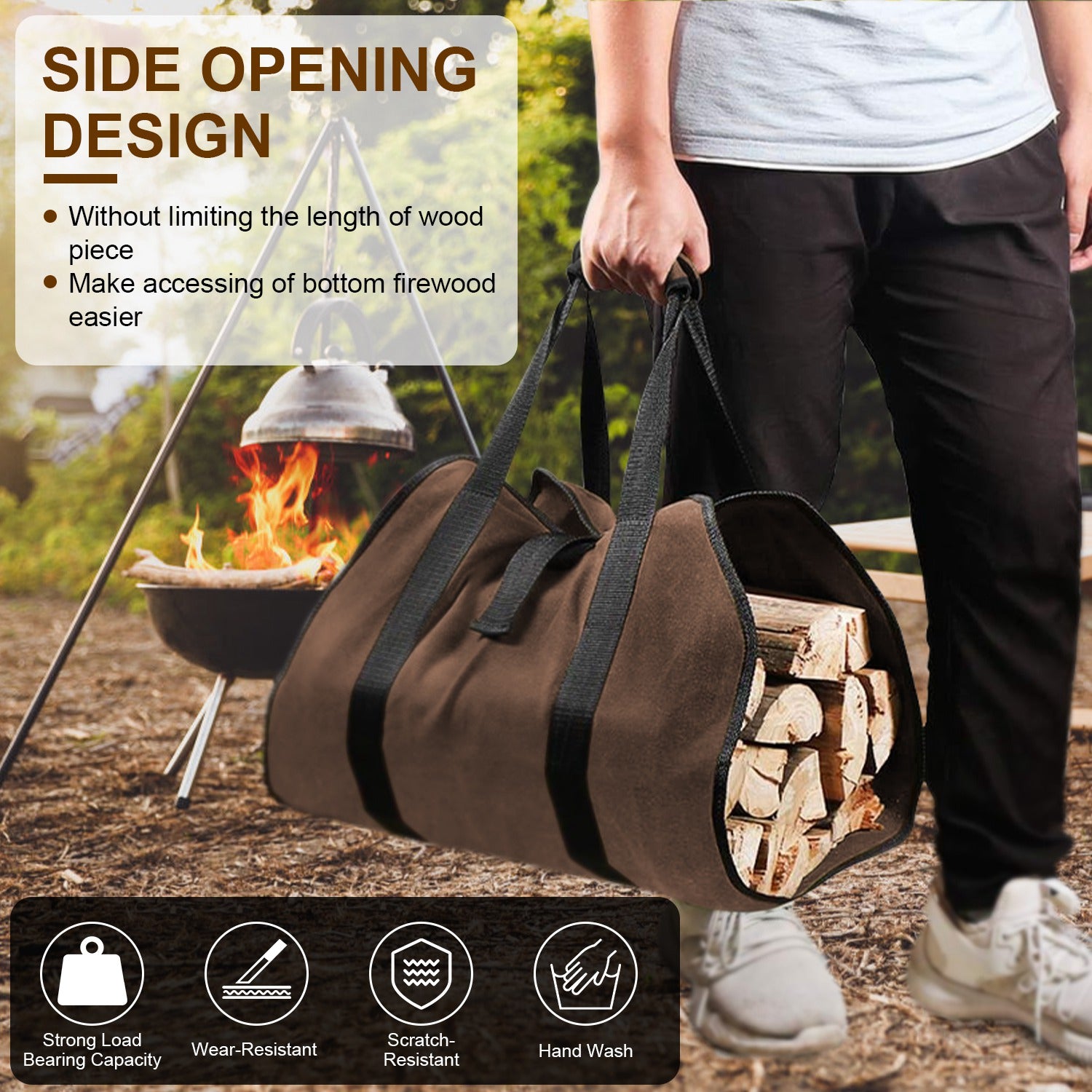 Firewood Carrier Bag with Handle Durable Wear-Resistant Fireplace Logs Holder Side Opening Wood Storage Carrying Bag For Indoor Fireplace Outdoor Camp