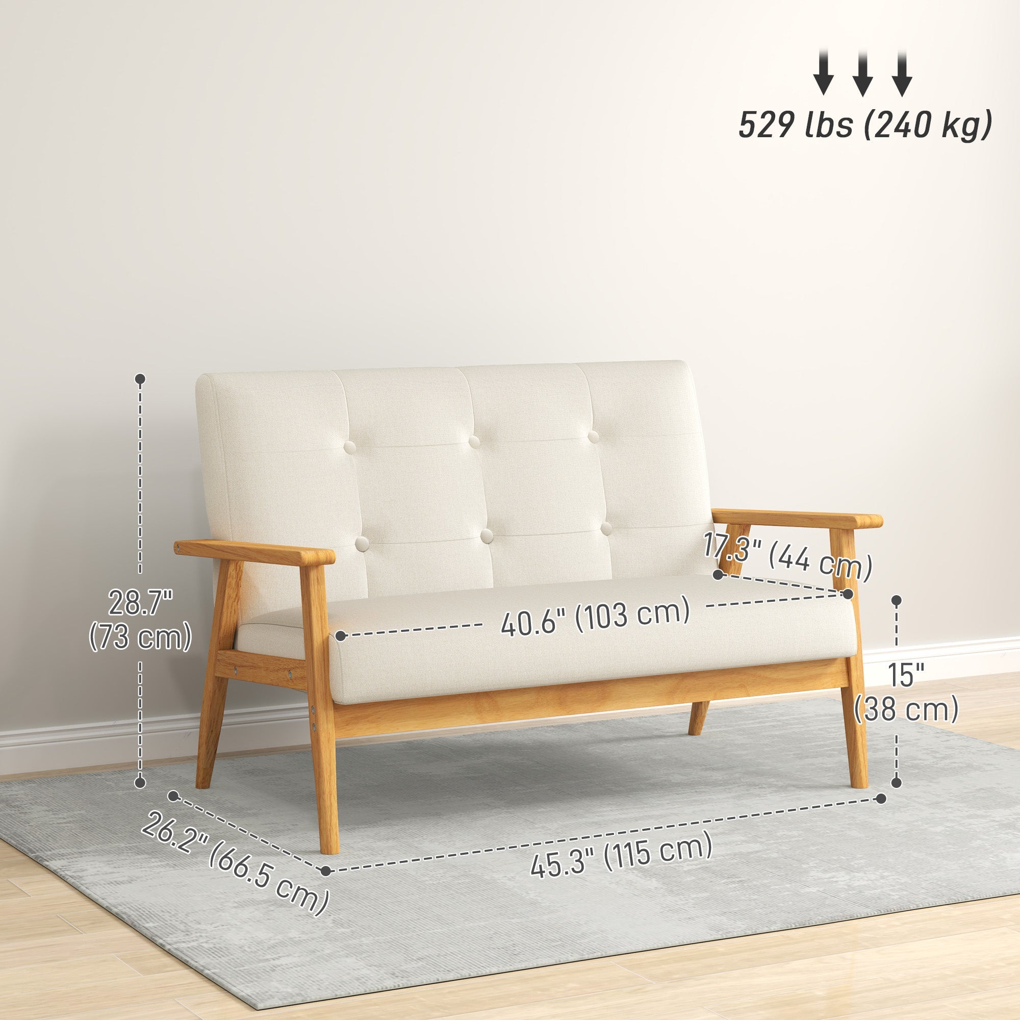 HOMCOM 45" 2 Seat Sofa, Upholstered Two Seater Couch with Rubber Wood Legs for Bedroom, Living Room, Beige 