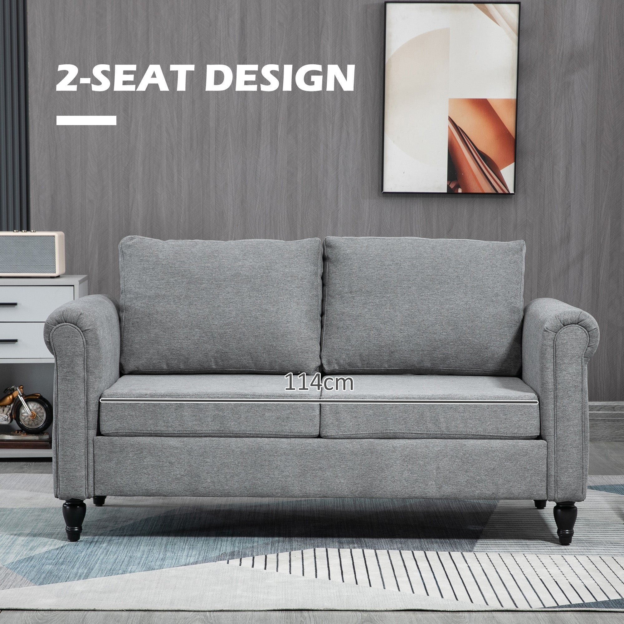 HOMCOM Stylish Loveseat with Curved Armrests Upholstered 2 Seater Sofa with Cushions Rubber Wood Legs Light Grey 