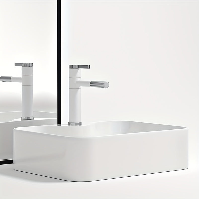 Modern Rectangular White Bathroom Sink with Golden Accents – Artistic Vanity Basin Featuring Black and Golden Faucets, Spacious Design for Contemporary Bathrooms, Stylish Washbasin | Sophisticated Style | Clean Lines, Bathr 