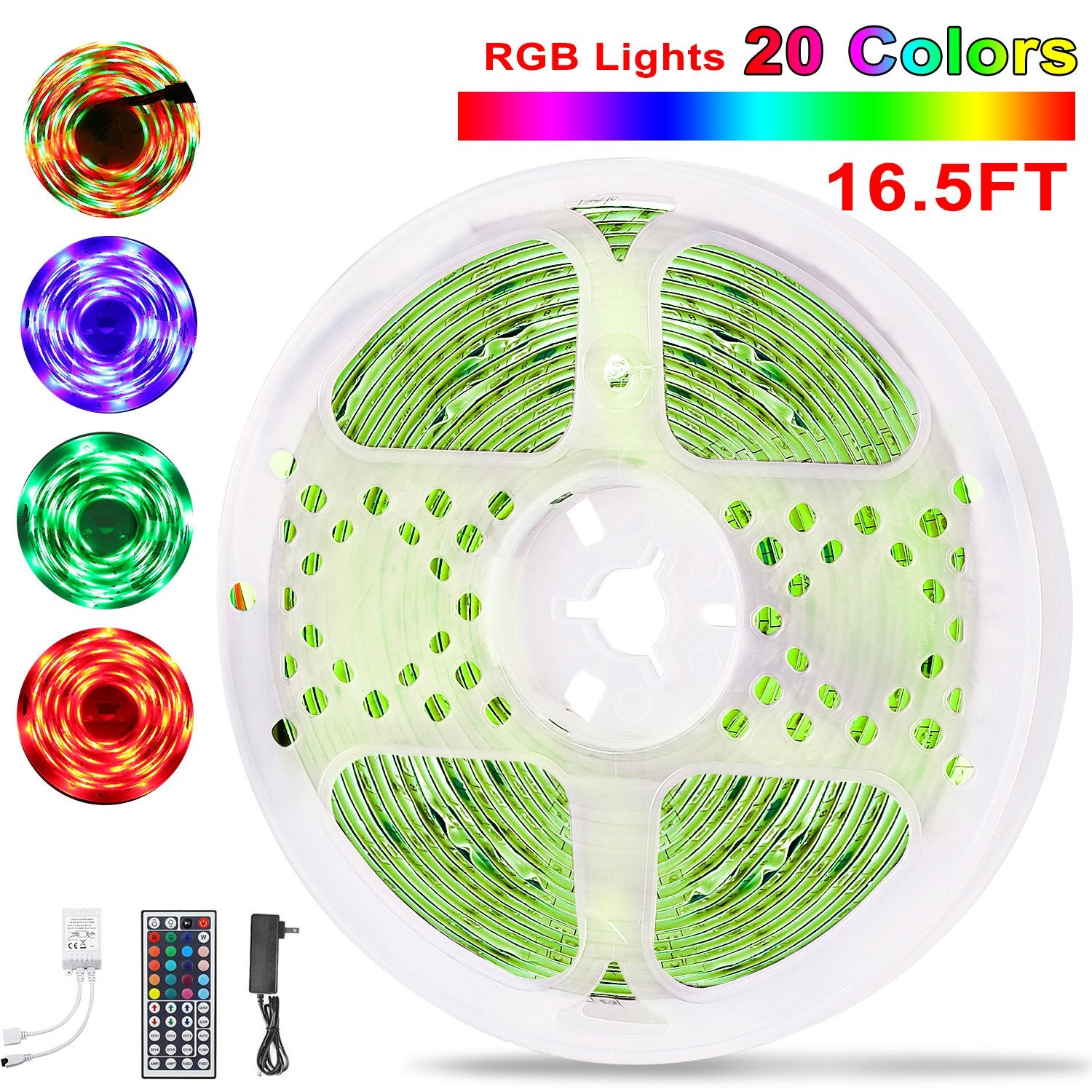 300 LEDs Strip Lights 5M/16.5ft 20 Colors RGB LED Strip IP65 Waterproof w/ Remote