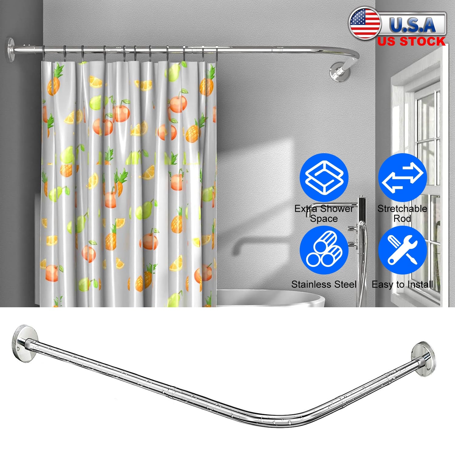 Curved Shower Curtain Rod Stainless Steel Rod L Shaped Stretchable Rod Bathroom Tub Closet Corner Rack Silver