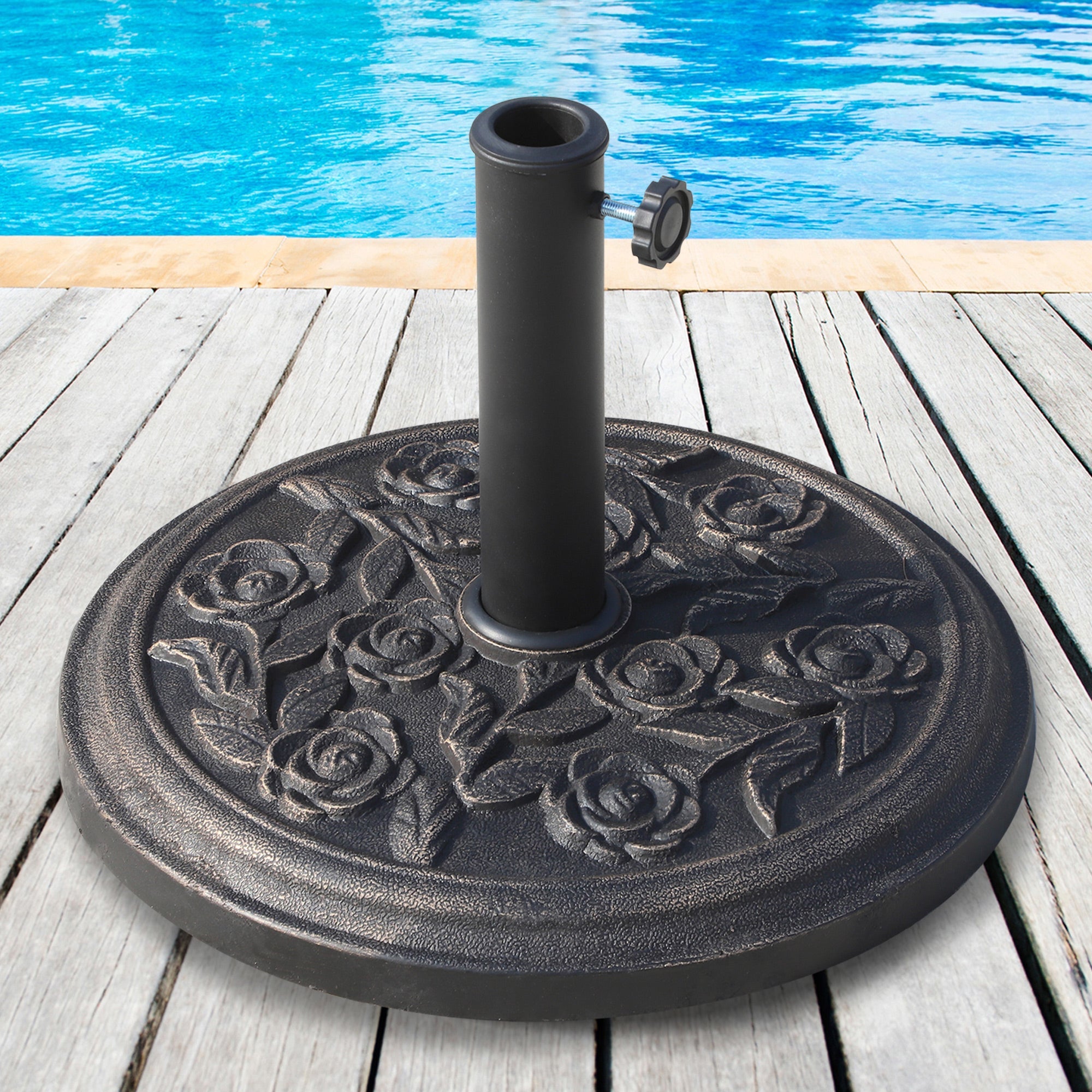 Outsunny Patio Umbrella Base 18” Round Outdoor Decorative Cast Stone Resin Parasol Stand Market Garden Umbrella Holder Bronze 