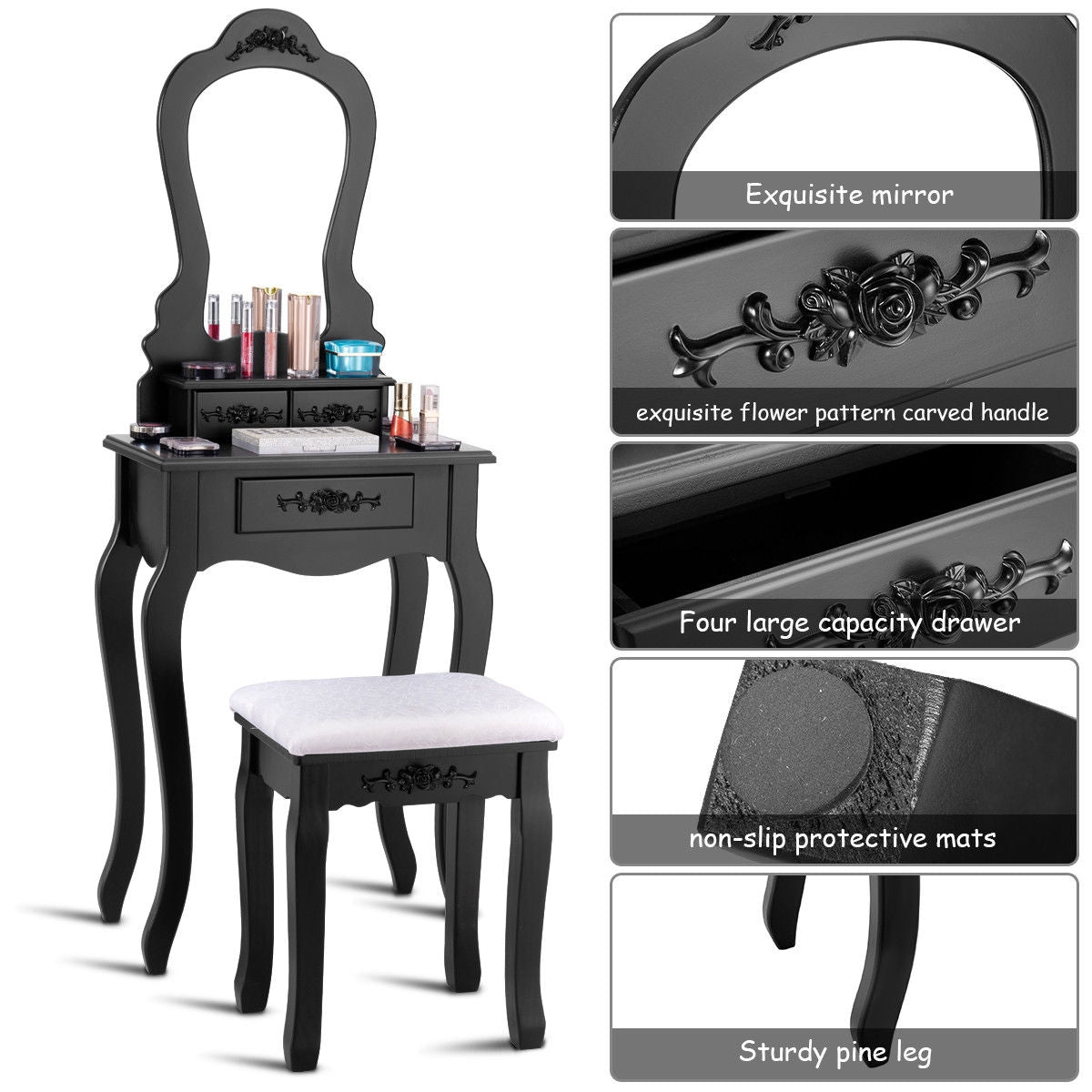 Makeup Dressing Table and Bench 3 Drawers and Cushioned Stool for Girls-Black