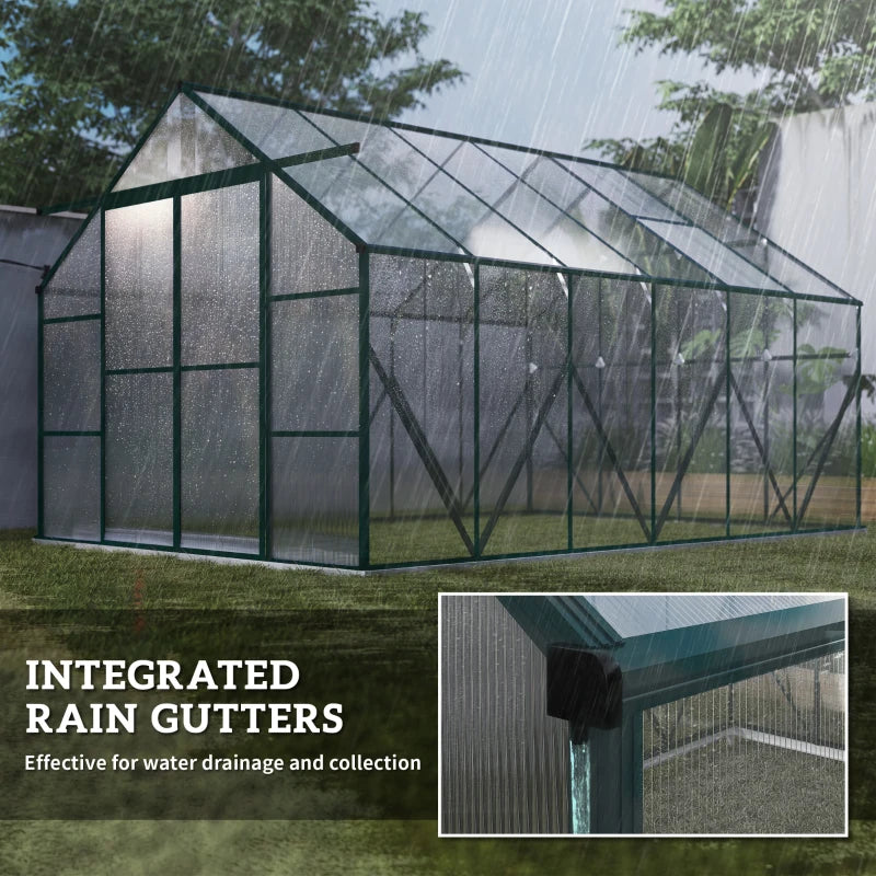Aluminium Greenhouse Polycarbonate Walk-in Garden Greenhouse Kit with Adjustable Roof Vent, 8 x 12ft, Green
