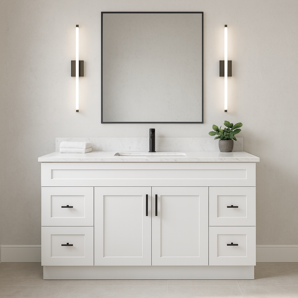 72-Inch Single Sink Shaker Bathroom Vanity — White or Gray | Plywood Cabinet, Solid-Wood Doors, Soft-Close 3-Way Clip-On Hinges | 4 Drawers, Center Double Doors 