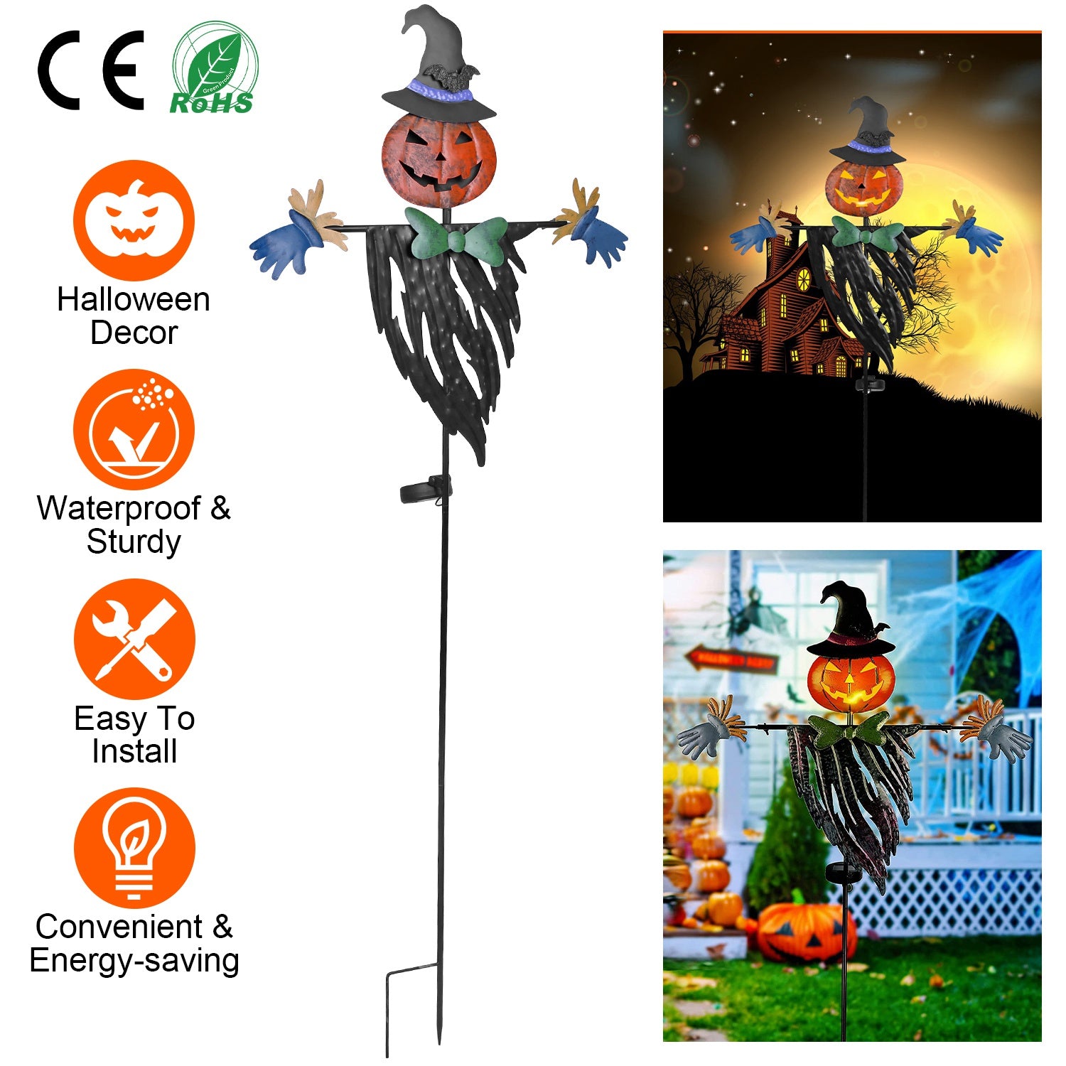 Scarecrow Shape Halloween Decoration Light Waterproof Iron Halloween Decoration Solar Powered Stake Light for Party Garden Yard Park Lawn