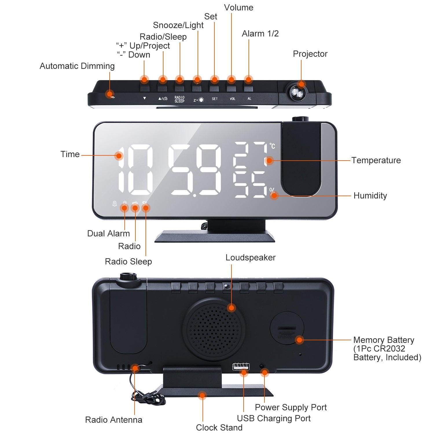 Projection Alarm Clock with Radio Function 7.5In Mirror LED Digital Alarm Clock w/ Dual Alarms 4 Dimmer 12/24 Hour USB Port