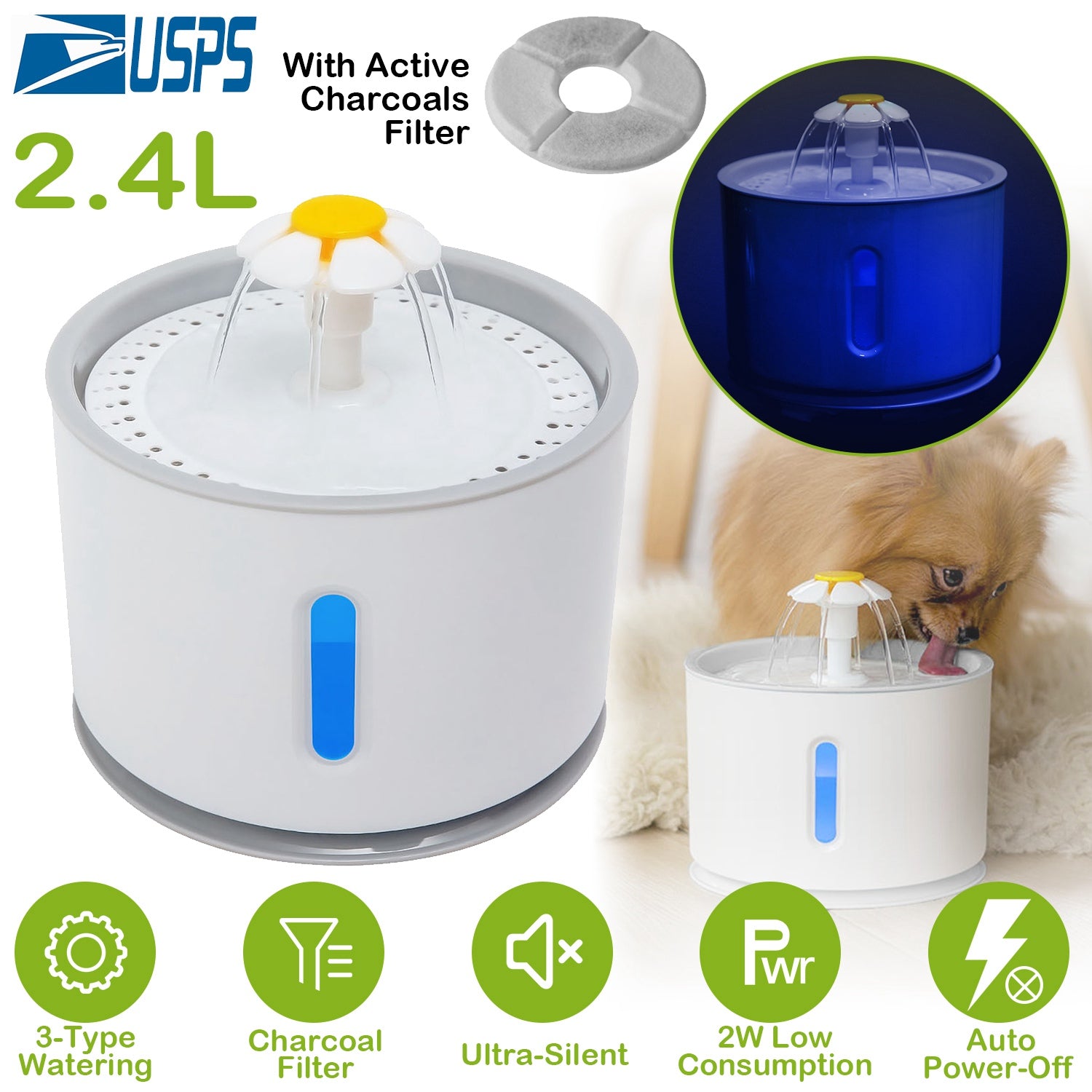 2.4L Automatic Dog Cat Water Fountain Electric LED Pet Flower Water Dispenser Ultra Silent Health Cat Waterer Auto Off Level Window 