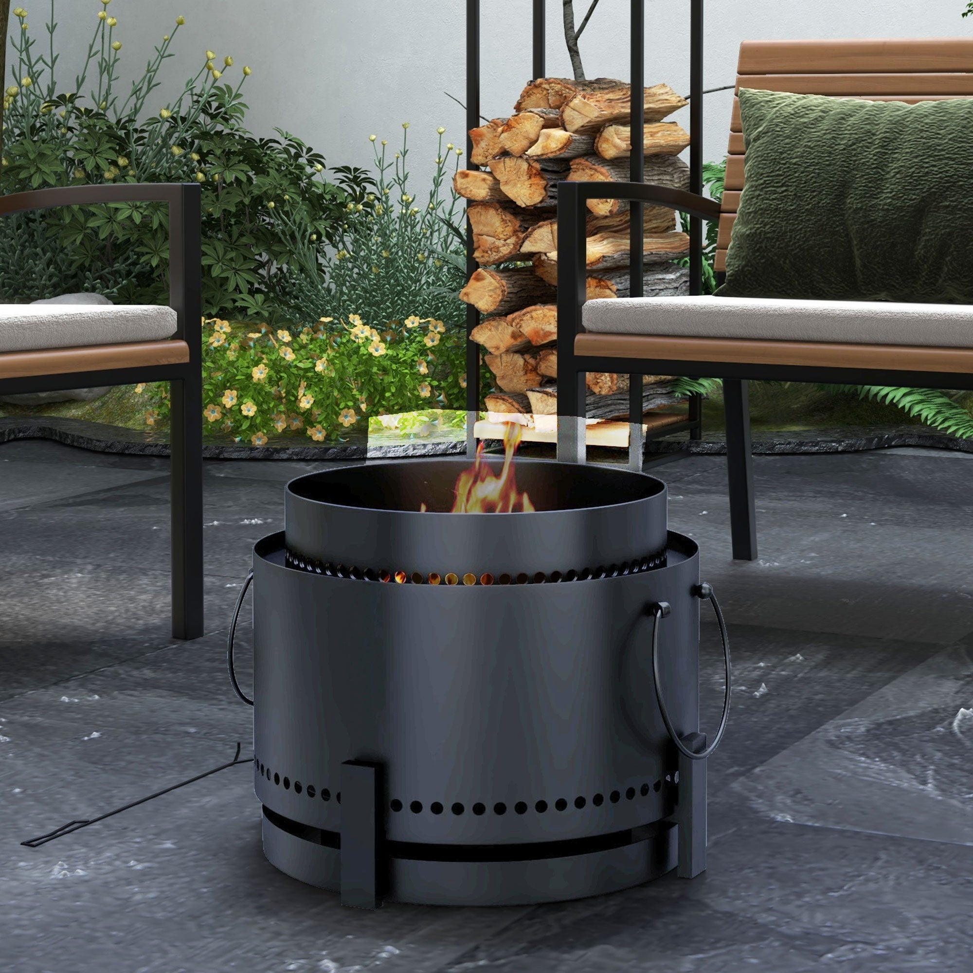 Outsunny Smokeless Fire Pit with Ash Catcher, Portable Wood Burning Firepit with Poker for Garden Camping Bonfire Party, Black 