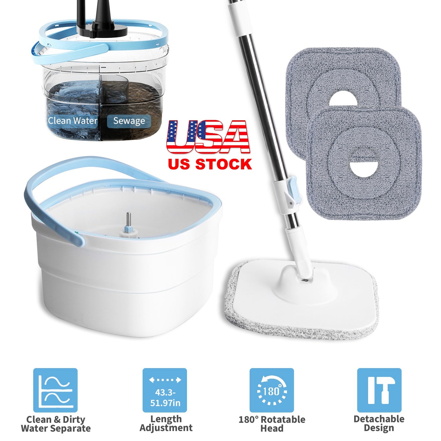 Spin Mop and Bucket with Wringer Set Flat Floor Mop with Clean and Dirty Water Separate System 2 Replaceable Reusable Washable Microfiber Mop Pads