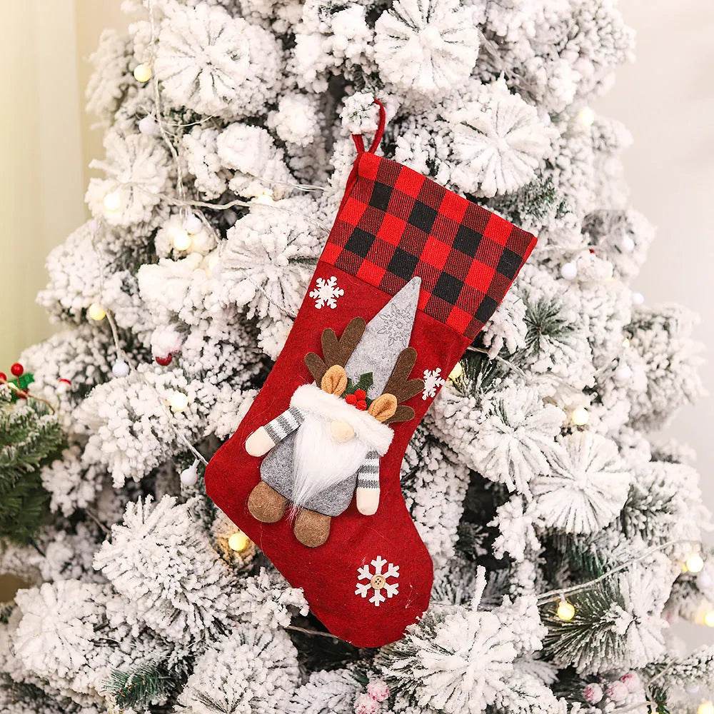Plaid Three-dimensional Couple Faceless Doll Christmas Stockings Christmas Eve Gift Bag Candy Bag 