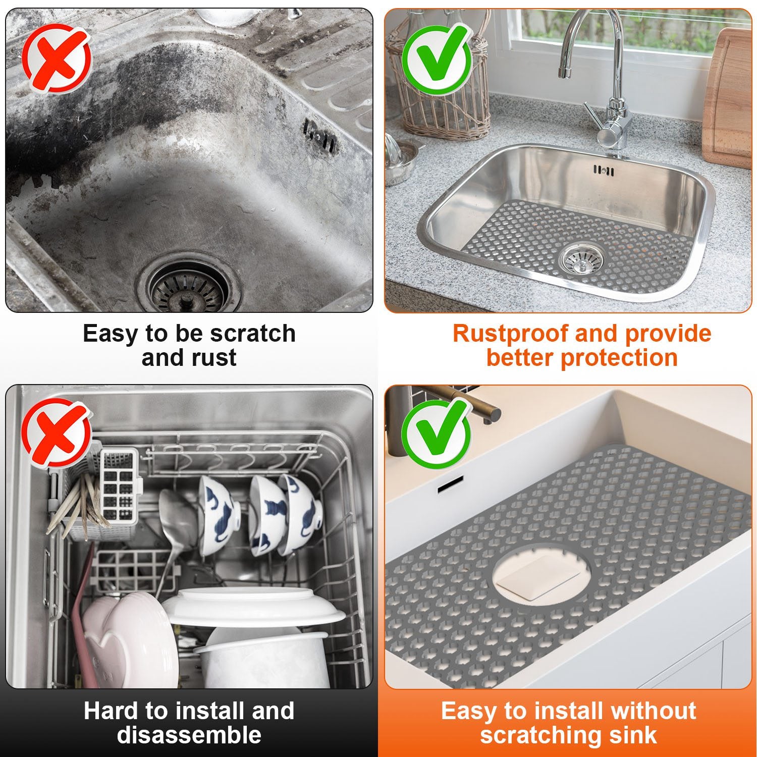 Silicone Grid Sink Mat with Central Drain Hole 12.87x24.68Inch Non-Slip Kitchen Stainless Steel Sink Protector Dishwasher Safe