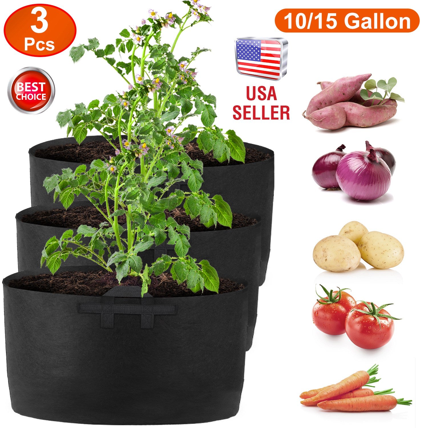 3 Pack Plant Grow Bags Potato Vegetable Planter Bags Breathable Planting Fabric Pots 15Gallons 