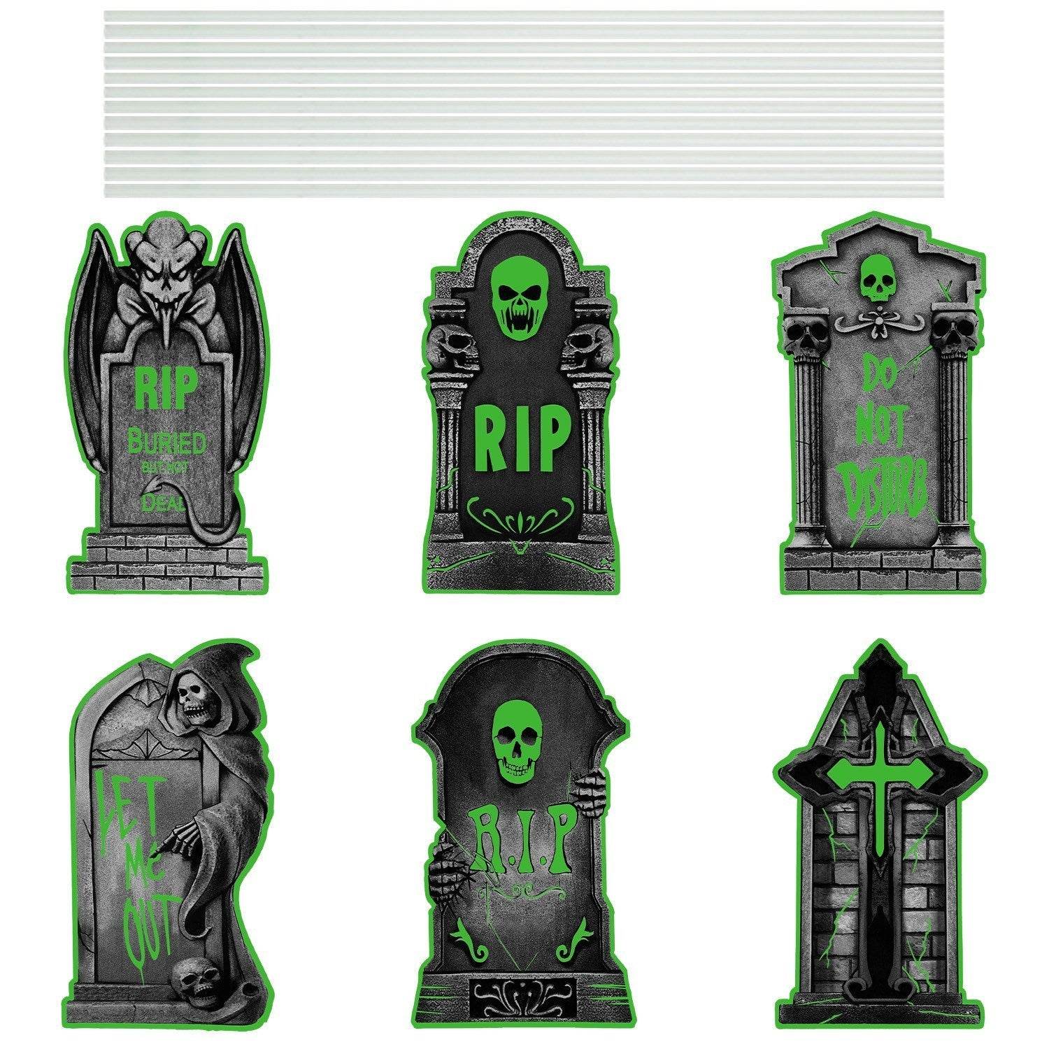 6Pcs Skull Or 6Pcs Tomb Or 5Pcs Black Cat Halloween Yard Sign Decorations  Glow In The Dark For Haunted House Garden Yard And Scary Theme Party 