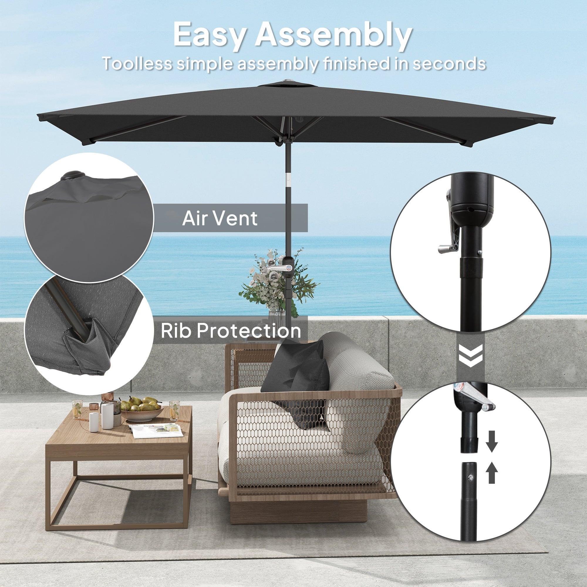 Outsunny 6.6x9.6ft Rectangle Aluminum Tilt Patio Umbrella, Garden Market Parasol, Outdoor Sunshade Canopy with Crank, Dark Grey 
