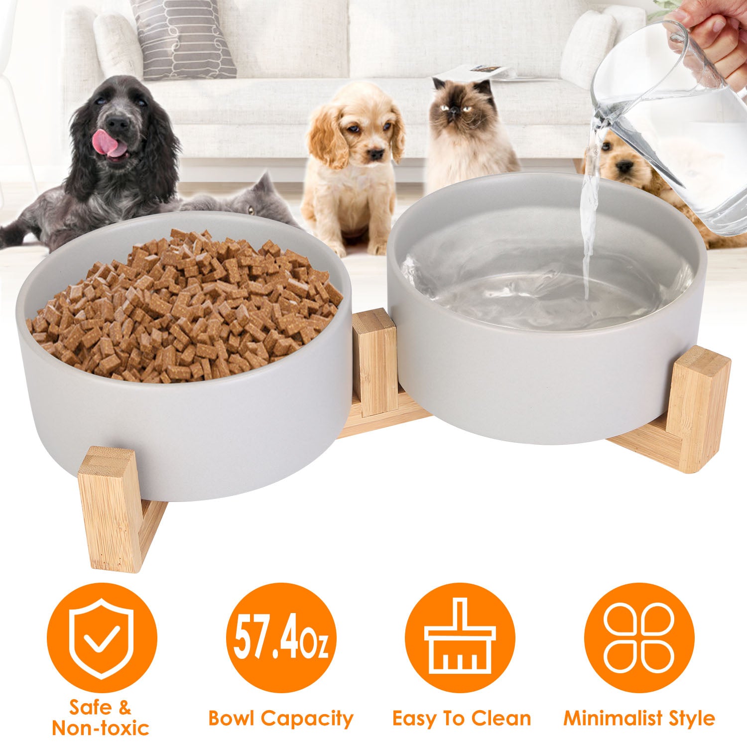 Double 28.7Oz Ceramic Pet Bowls Dog Cat Bowls with Wooden Stand Raised Pet Feeder for Small Dogs Cats