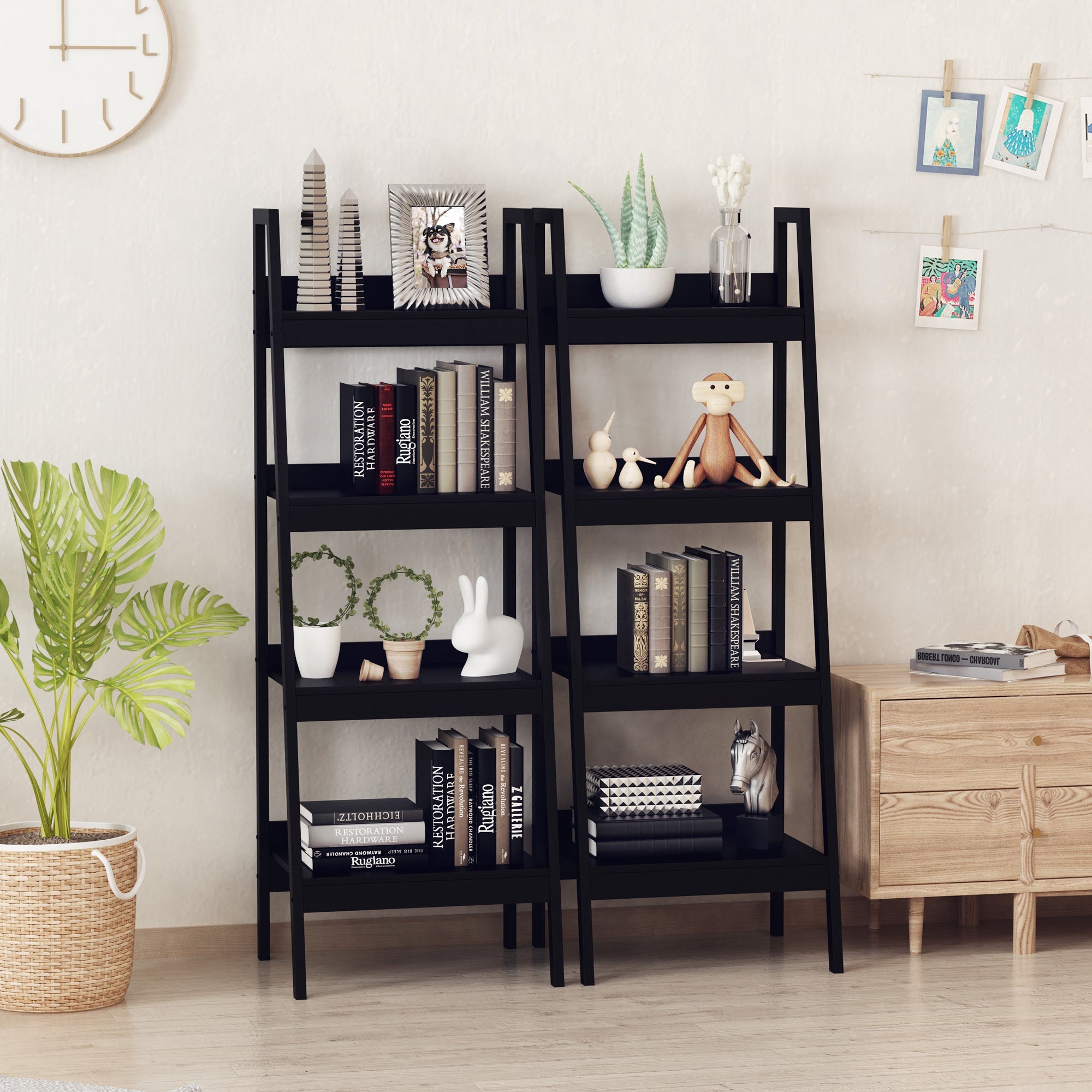 HOMCOM 4 Tier Ladder Shelf Bookcase Set of 2 Display Rack Storage Shelving Unit Flower Plant Stand Multi-Use Black 