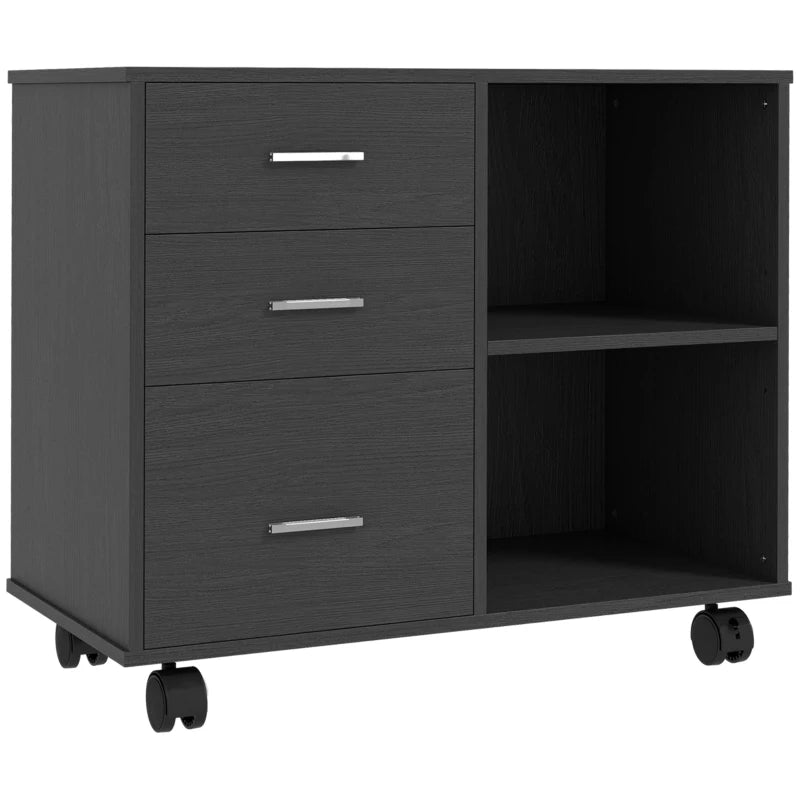 Modern Lateral Filing Cabinet, 3 Drawer File Cabinet for Letter and A4 Size Documents, Mobile, Printer Stand with Open Shelves, Rolling Wheels, Black
