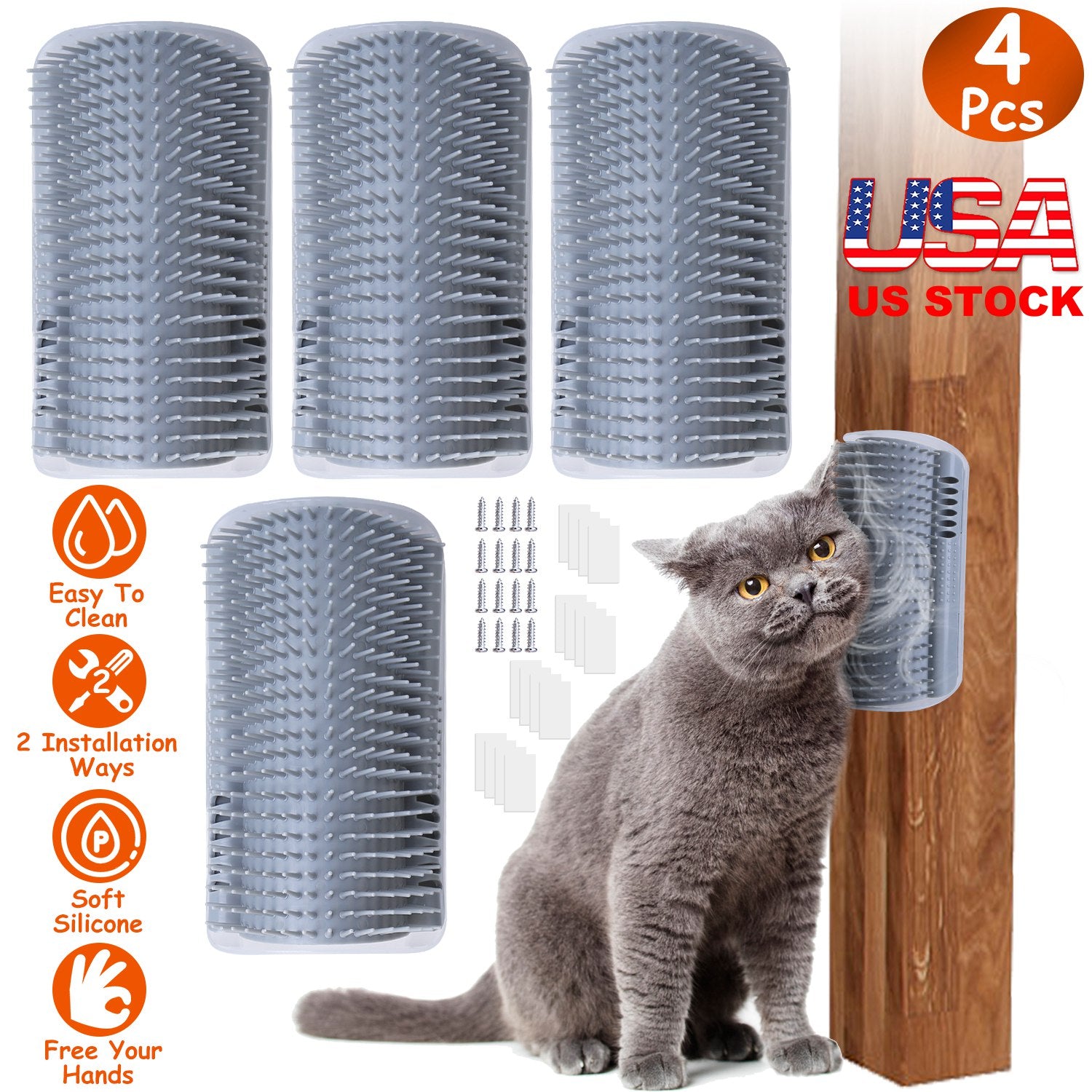 4Pcs Cat Self Groomer Soft Silicone Wall Corner Scratcher Pet Grooming Hair Brush Comb Massage Tool Kitten Indoor Long Short Fur