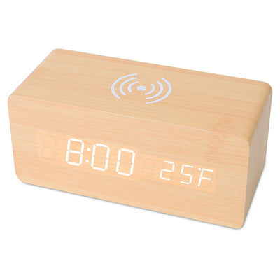 Digital Alarm Clock Qi-Wireless Charger Time Temperature Calendar Display Clock w/ Voice Control Brightness Adjustment (Bamboo Color) 