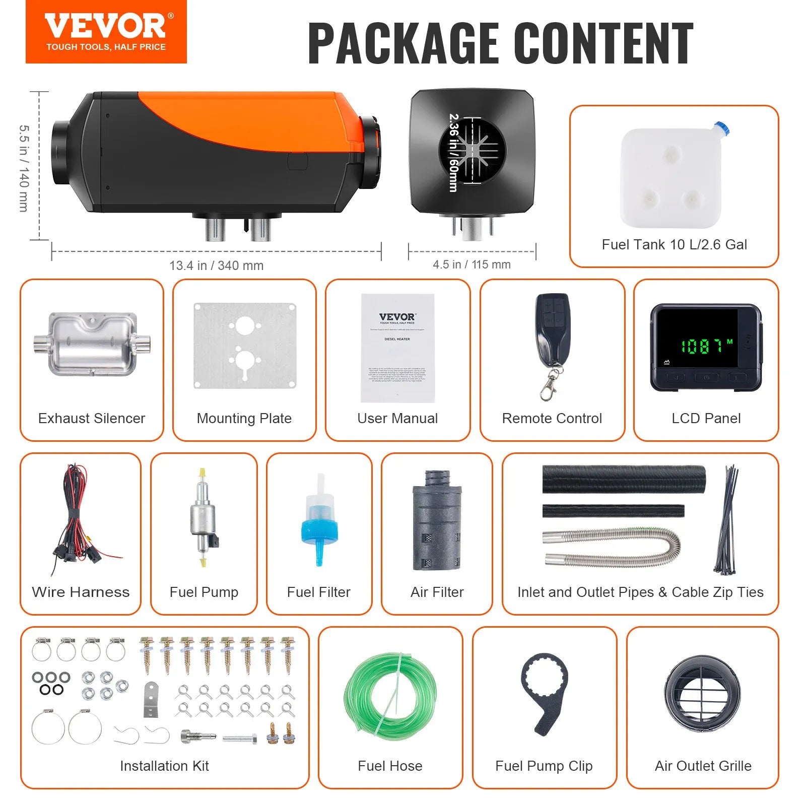 VEVOR Diesel Air Heater, 12V 2KW Diesel Heater with Remote Control and LCD Display, 10L Fuel Tank Diesel Parking Heater, Rapid Heating for RV, Trailer, Camper Van, Boat 